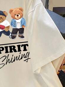 Camiseta de punto blanca de talla grande para adolescente con un sencillo y divertido patrón de oso de dibujos animados, adecuada para el verano. - Blanco - Ver 4