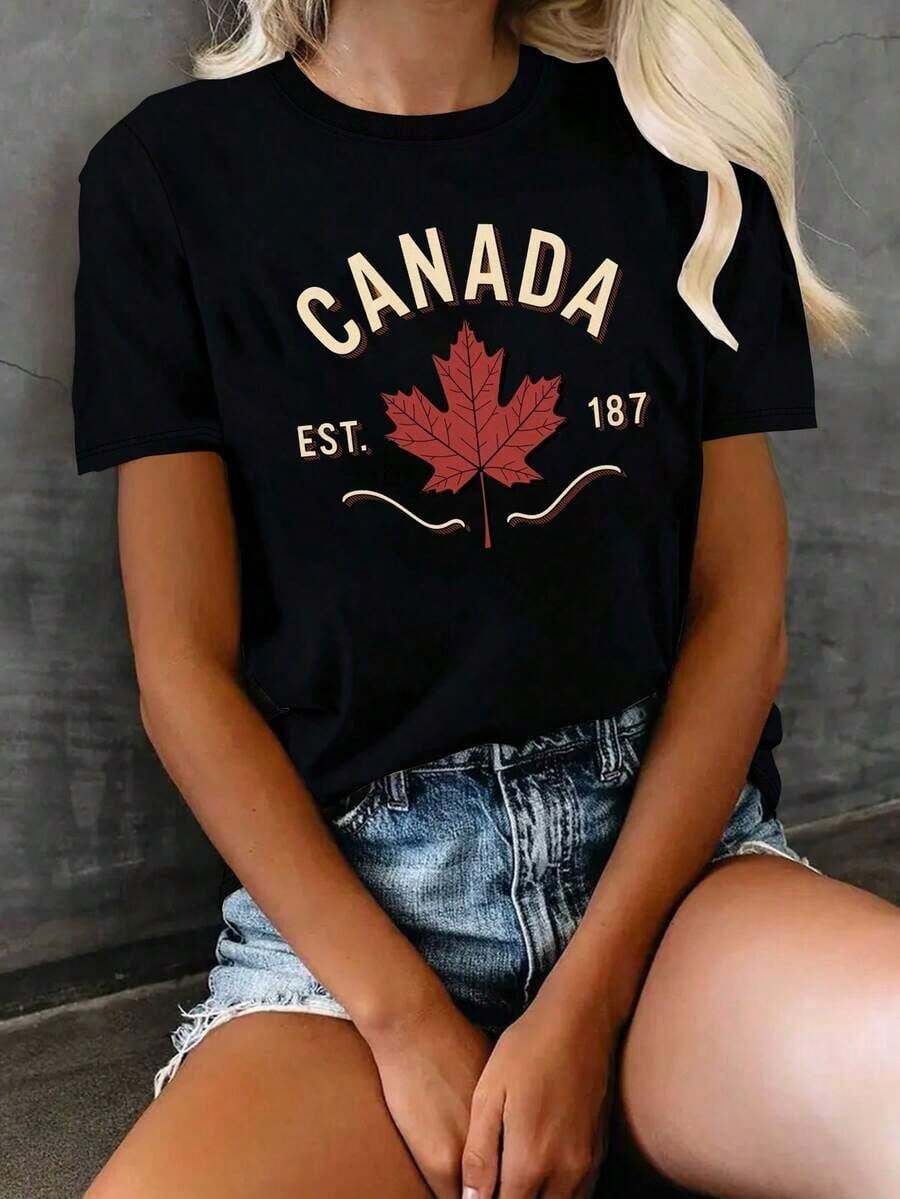 Elegante Camiseta de Comodidad Pura para Mujer con Emblema de Hoja de Arce Canadiense - Negro - Ver 1