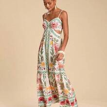 Women's Summer Vacation Floral & Geometric Print Hollow Ruffle Hem Maxi Slip Dress,Summer Beach Outfits, Christmas Party Clothes, New Year Look, Thanksgiving Outfits, Elegant Dresses Party, Tropical Vacation Dress, Garden Party Dress, Wildflower Dress,Christmas Outfit, New Year Clothes, Thanksgiving, Chic Elegant Dress For Party, Luxury Wedding Guest Party Dress,  Cocktail Dress - Rojo - Ver 6