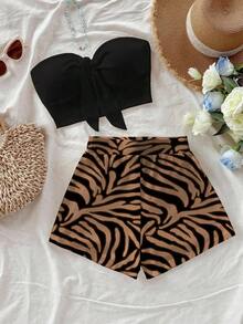 Conjunto de 2 piezas de estilo casual de vacaciones con shorts de estampado de cebra en color albaricoque y verde, y top bandeau negro, adecuado para vacaciones de verano - Multicolor 4 - Ver 8