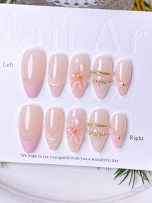 10pcs Handmade Wearable Nails, Short Almond-Shaped Fake Nails, Nude French Manicure, Delicate Fairy-Like Nails, Hand-Painted Pink Edges French Tips, Lace Texture, 3D Pink Flowers, Rhinestone Gold Rings Decor, Translucent Jelly Effect, Versatile For Any Occasion, Includes Manicure Tools, Easy To Apply And Remove, Suitable For Women And Girls - Baby Pink - View 2