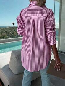 Camisa a rayas de manga larga para mujer talla grande, de corte holgado y casual para uso diario y en la primavera/verano, color rosa - Rosa Fucsia - Ver 1