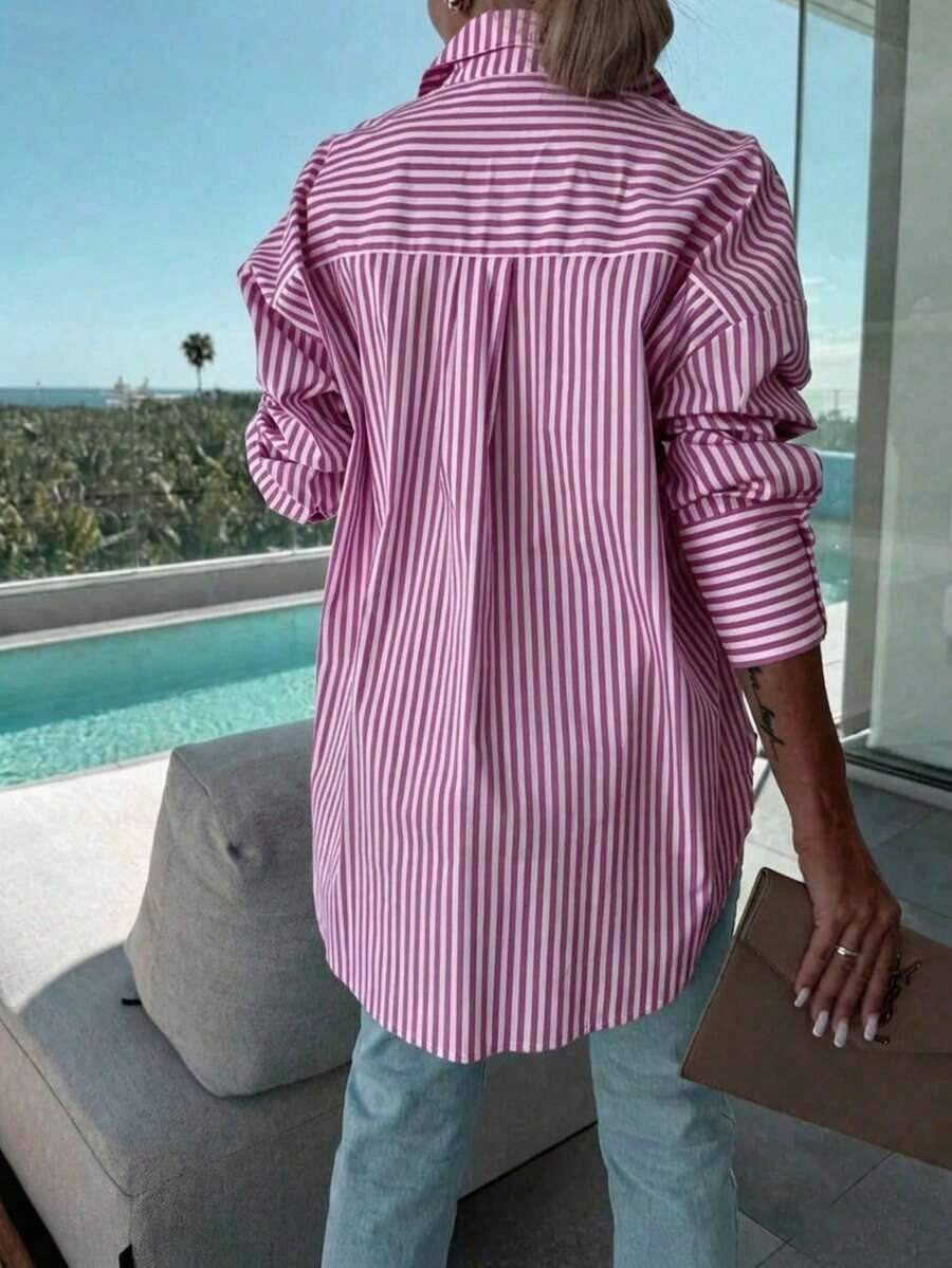 Camisa a rayas de manga larga para mujer talla grande, de corte holgado y casual para uso diario y en la primavera/verano, color rosa - Rosa Fucsia - Ver 1