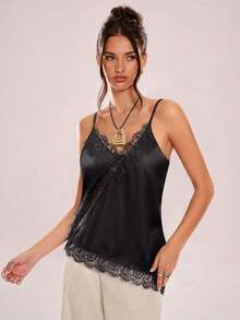 Camiseta de tirantes asimétrica con entramado de encaje transparente - Negro - Ver 3