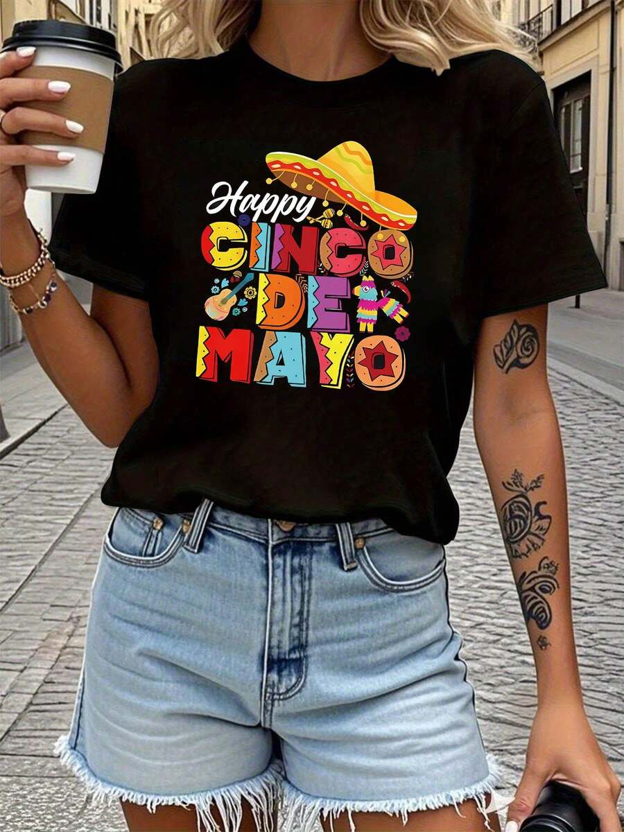 Camiseta alegre del CINCO DE MAYO para damas - Top de manga corta con cuello redondo con el Cinco de Mayo, perfecto para lrimavera y la ropa casual de verano, i para celebraciones, escaps y atuendos temáticos