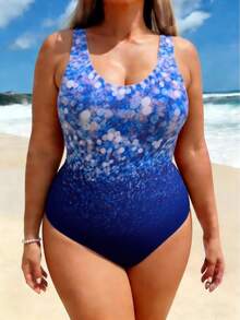 Traje de baño de una pieza de talla grande para mujer, estampado, para mujeres con curvas, que realza la figura, estilo deportivo. - Degradado azul - Ver 1