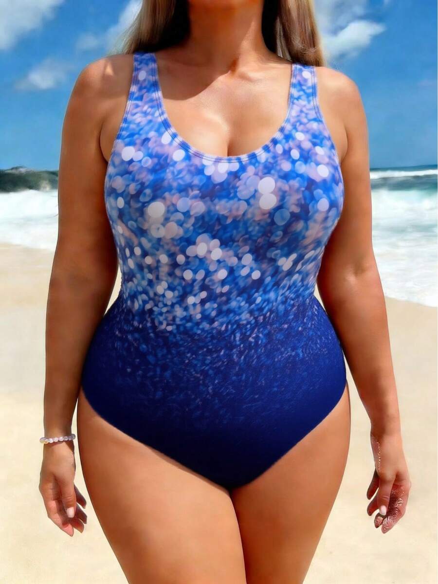 Traje de baño de una pieza de talla grande para mujer, estampado, para mujeres con curvas, que realza la figura, estilo deportivo. - Degradado azul - Ver 1