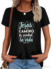 1 Piece Of Christian T-Shirt For Women With "Jesus Is The Way, The Truth And The Life" Print - Short Sleeve, Loose And Regular H-Shaped Cut, 180 G/M² Fabric With Verse, Casual Wear. - 黑色 - 查看 3
