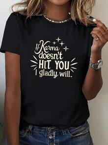 Camiseta de Mujer KARMA Humor, Talla Grande, Corte Cómodo, Cuello Redondo, Tejido Elástico Medio, Estilo Casual, Para Todas las Estaciones - Negro - Ver 2