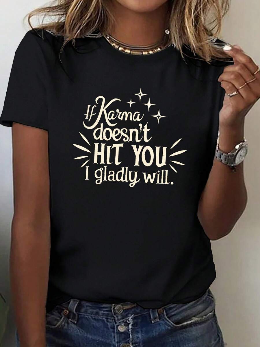 Camiseta de Mujer KARMA Humor, Talla Grande, Corte Cómodo, Cuello Redondo, Tejido Elástico Medio, Estilo Casual, Para Todas las Estaciones