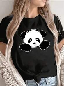 Camiseta de mujer ligera y duradera con estampado de panda, adecuada para salidas informales, uso en casa o visitas a cafeterías, ofreciendo un ajuste cómodo. - Negro - Ver 6