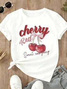 Cherry Bow Print T-Shirt "Sweet And Juicy Cherry Red" | Korean Fashion For Women, Summer Tops For Women, Spring Tops For Women, Everywhere. - 白色 - 查看 2