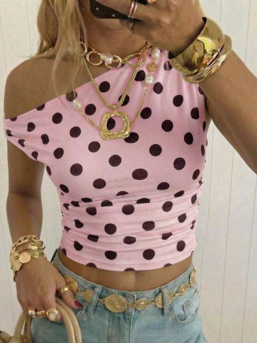 Top corto asimétrico fruncido para mujer - Rosa - Ver 1