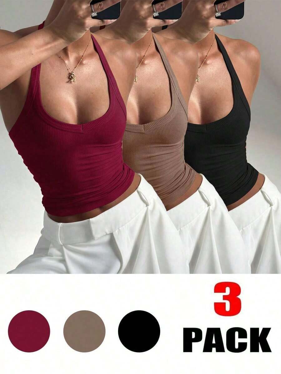 Set de 3 camisetas de tirantes finos acanaladas, versátiles y sexys para mujer, para primavera/verano - Negro, marrón, rojo vino - Ver 1