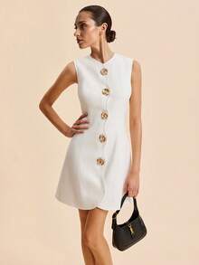 Short Solid Sleeveless Round Neck Button Dress New Arrival - White - View 1