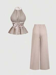 Conjunto de 2 piezas estilo francés relajado con camiseta sin mangas de cintura ceñida y pantalón ancho de pierna holgada, un conjunto de moda para mujeres - Caqui - Ver 2