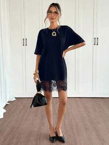 Vestido corto de verano de mujer con cuello redondo, mangas cortas de hombros caídos, parches de encaje y diseño holgado de un solo color - Azul marino - Ver 5
