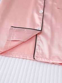 Conjunto de pijama de 2 piezas con camisa de manga corta con solapa y pantalones cortos con moño, ropa de dormir para mujer, conjunto de dos piezas - Rosa - Ver 9