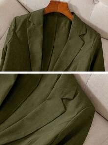 Blazer de lino de 3/4 de manga con cintura ajustable, diseño de botones, adecuado para ir al trabajo, eventos formales, fiestas elegantes, ropa de oficina - Primavera, Verano, Otoño - Verde militar - Ver 3