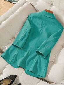 Blazer de lino de 3/4 de manga con cintura ajustable, diseño de botones, adecuado para ir al trabajo, eventos formales, fiestas elegantes, ropa de oficina - Primavera, Verano, Otoño - Azul 2 - Ver 2