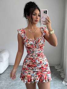Vestido con estampado floral, volantes y bajo sexy para mujer - Naranja 2 - Ver 5