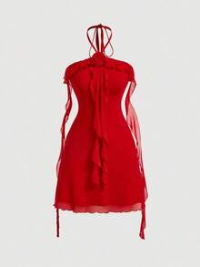Vestido de malla elástica de punto para mujeres con decoración floral, volantes sin mangas en color lila - Rojo - Ver 5