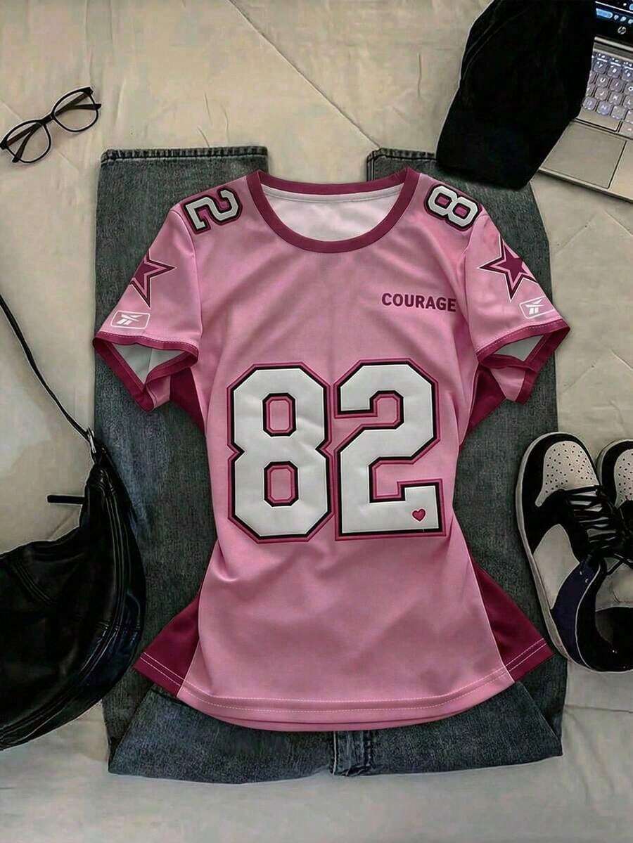 Camiseta holgada de manga corta con cuello redondo, estampado de rayas y letras en inglés de la Copa Mundial, en estilo minimalista casual y chic Y2K, para mujer - Multicolor 3 - Ver 1