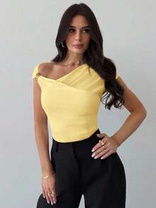 Camiseta blanca ajustada con hombro asimétrico, cintura fruncida, para mujer.Atuendo modesto y elegante para uso diario, playa, aeropuerto, vacaciones, trabajo como maestra. - amarillo ganso - Ver 3