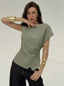 Blusa de oficina para mujer con cuello de barco, mangas cortas y corte cropped en color beige - Verde - Ver 3