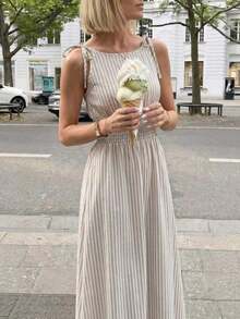 Vestido maxi a cuadros marrones 2026 para mujer, con tirantes de lazo y cintura fruncida con volantes, estilo minimalista casual y perfecto para vacaciones y uso diario - Multicolor 2 - Ver 8