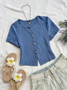 Blusa casual de mujer con manga corta, bordado de malla y lazo con botón - Azul - Ver 5
