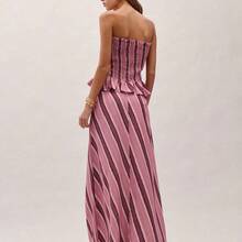 Off Shoulder Strapless Striped Set Featuring A Smocked Bodice Top With Peplum Detail, And Flowing Skirt. Summer, Perfect For Vacations, Casual Days, Spring, Beachwear, Coverup, Festival, Coords. - Rosa - Ver 3