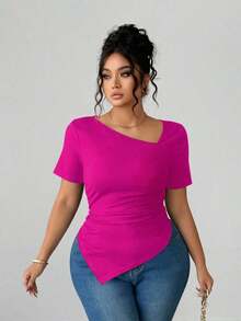 Camiseta de manga corta de cuello asimétrico para mujer talla grande, top ajustado versátil y elegante de alta gama, adecuado para primavera/verano - Rosa Fucsia - Ver 5