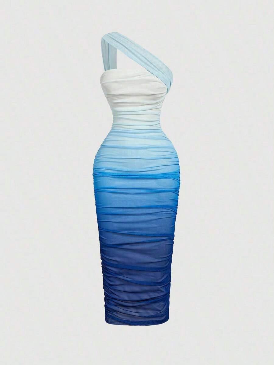 Vestido de malla de longitud media con un hombro, fruncido y efecto ombré - Multicolor 4 - Ver 1