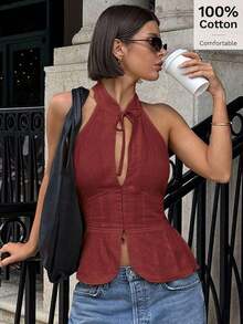 Parte superior sin mangas de mujer con lazo, cuello halter y abertura, chaleco casual - Rojo - Ver 1