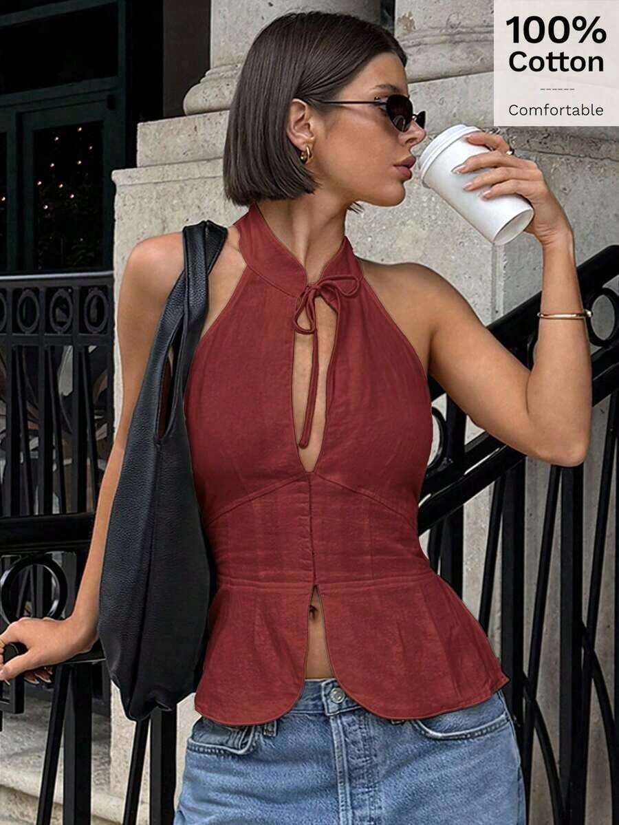 Parte superior sin mangas de mujer con lazo, cuello halter y abertura, chaleco casual - Rojo - Ver 1