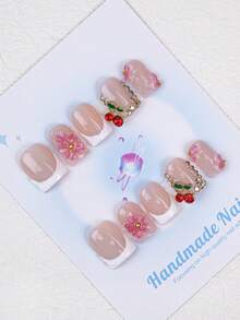 10 pièces Autocollants pour ongles carrés faits à la main, style Y2K, de haute qualité et réutilisables, design 3D blanc français, convient pour un port quotidien, les fêtes, également le meilleur cadeau de vacances pour les filles et les femmes - Blanc - Voir 3