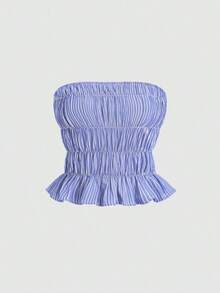 Conjunto de 2 piezas para mujer con top sin tirantes a rayas y pantalón de pierna ancha, con sensación relajada, ajuste elegante, para primavera - Azul - Ver 6