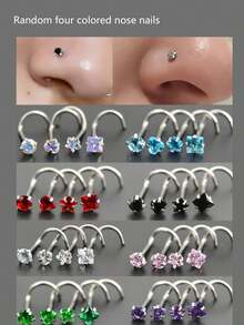 4pcs Multi-Functional Fashion Cubic Nose/Lip/Cartilage Studs, 0.8x7mm Curved Stainless Steel Nose/Ear Rings, Versatile Body Piercing Jewelry For Women - Bent Rod Nose Pin 4-piece Set - View 1