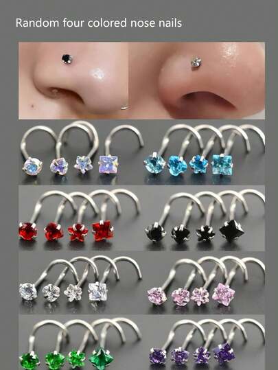 4pcs Multi-Functional Fashion Cubic Nose/Lip/Cartilage Studs, 0.8x7mm Curved Stainless Steel Nose/Ear Rings, Versatile Body Piercing Jewelry For Women