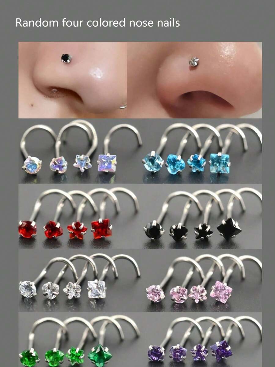 4pcs Multi-Functional Fashion Cubic Nose/Lip/Cartilage Studs, 0.8x7mm Curved Stainless Steel Nose/Ear Rings, Versatile Body Piercing Jewelry For Women - Bent Rod Nose Pin 4-piece Set - View 1
