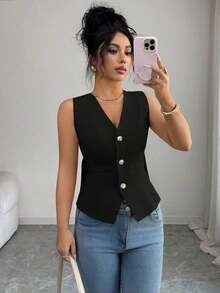 Camiseta de tirantes de mujer de algodón a rayas con lazo y escote en V sin espalda.Ajustada y que realza la figura, muestra por completo el encanto femenino.Adecuada para otoño e invierno, es una opción ideal para citas, vacaciones, ir al - Negro - Ver 6