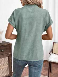 Camisa de verano para mujer de unicolor con escote en V estilo murciélago, manga corta - Verde 2 - Ver 2