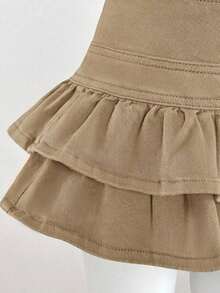 Falda de mezclilla de moda para mujer con diseño de cintura con botones y dobladillo con doble volante - Caqui - Ver 5
