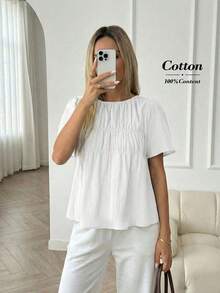 Camisa casual de mujer de unicolor, cuello redondo, manga corta y plisada - Blanco - Ver 3