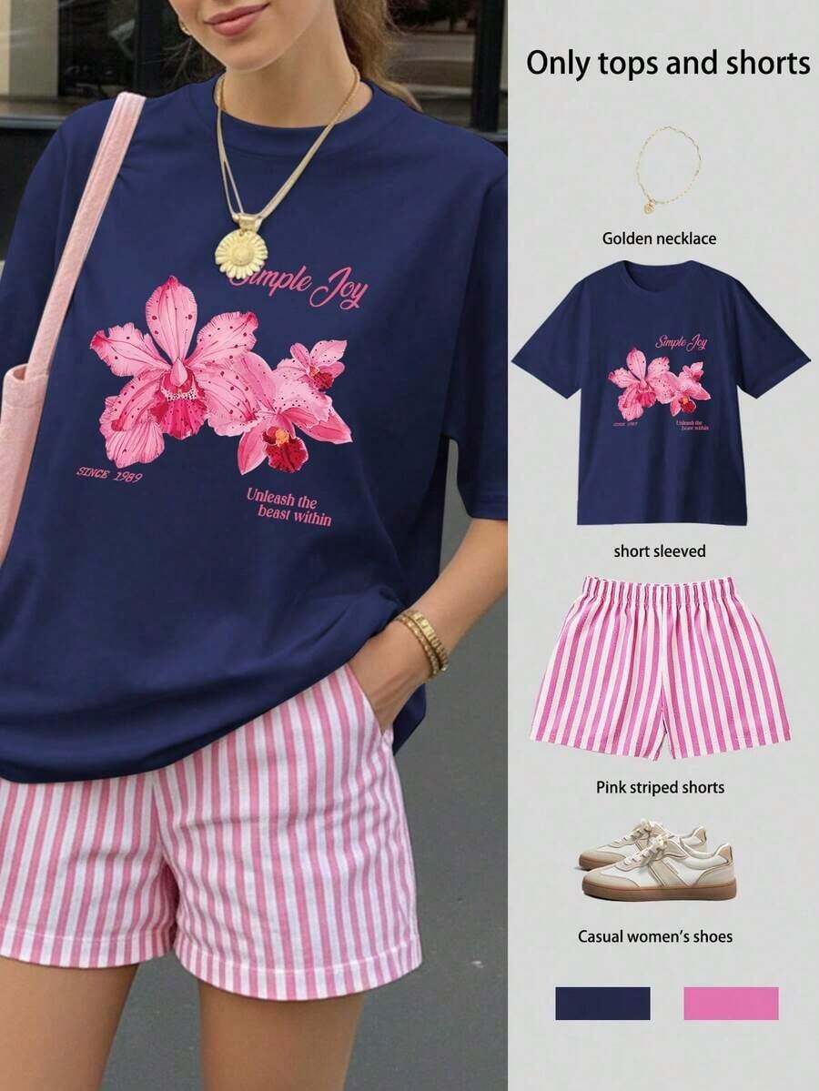 Conjunto de top de manga corta holgado con estampado floral y shorts a rayas para mujer, conjunto informal de verano de 2 piezas para mujer, traje de mujer, conjunto de verano para mujer, ropa de vacaciones, atuendo de viaje, estilo de playa, ropa de vacaciones minimalista - Niebla azul - Ver 1
