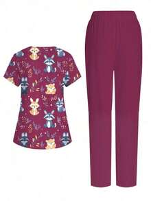 Conjunto de 2 piezas con top de manga corta con cuello en V blanco con bolsillo y diseño de oreja colgante, estampado de mariposa y flores, y pantalón recto para mujer, uniforme de enfermera de primavera/verano, conjunto casual, uniforme - Multicolor 2 - Ver 5
