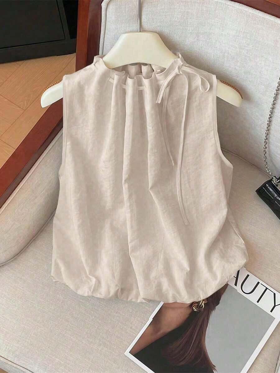 Blusa blanca elegante sin mangas, de cintura elástica y cuello suelto con cordón, de tejido texturizado, para mujer, para primavera/verano.Blusas y tops para mujer de cuello cerrado, blusas casuales y modernas para el verano - Caqui - Ver 1