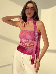 Blusa elegante y romántica de mujer con estampado floral teñido anudado y volantes sin tirantes - Rosa - Ver 3