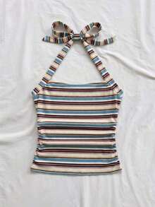 Parte superior corta ajustada con cuello de halter casual para vacaciones de mujer, verano de mujer, sin espalda, ropa de vacaciones de mujer, lunares, primavera de mujer, verano, parte superior para salir de mujer, vacaciones de mujer - Azul - Ver 6